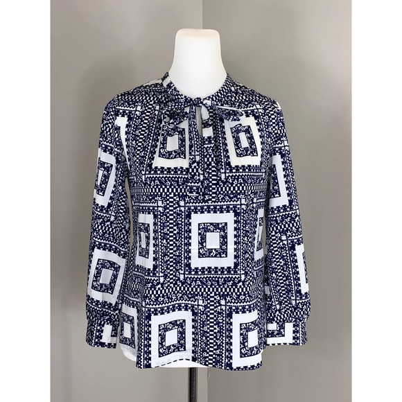 Vintage 70s Bold Geo Graphic Blue White PUS8Y Bow Lilac Mood Style Buttons ~SZ M - Picture 7 of 13